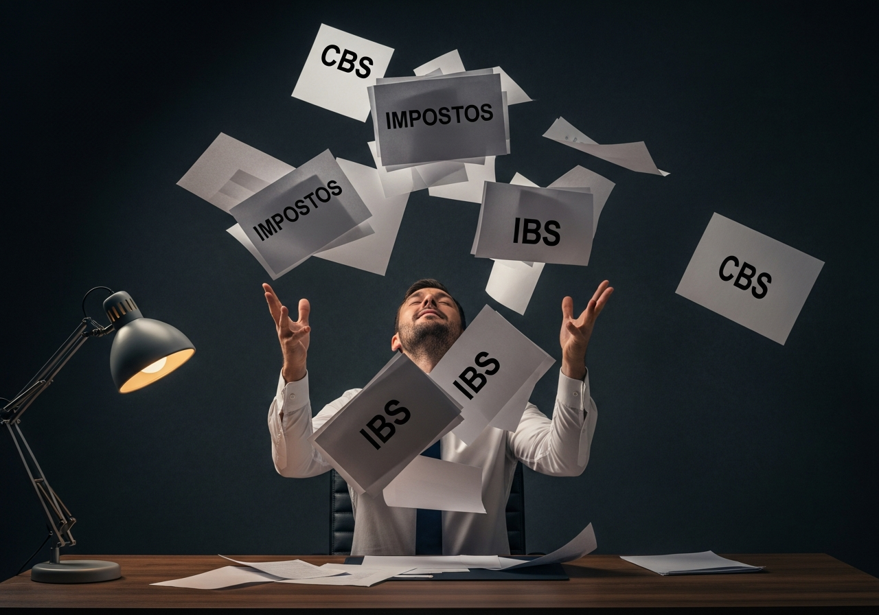 Contador de camisa branca jogando para o alto folhas de papel impressas com IBS, CBS e IMPOSTOS, em um escritorio escuro iluminado por luminaria de mesa